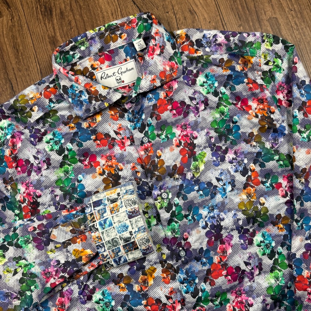 Robert Graham Button Down Shirt Mens XL Purple Tailored Fit Roses Bold Flip Cuff